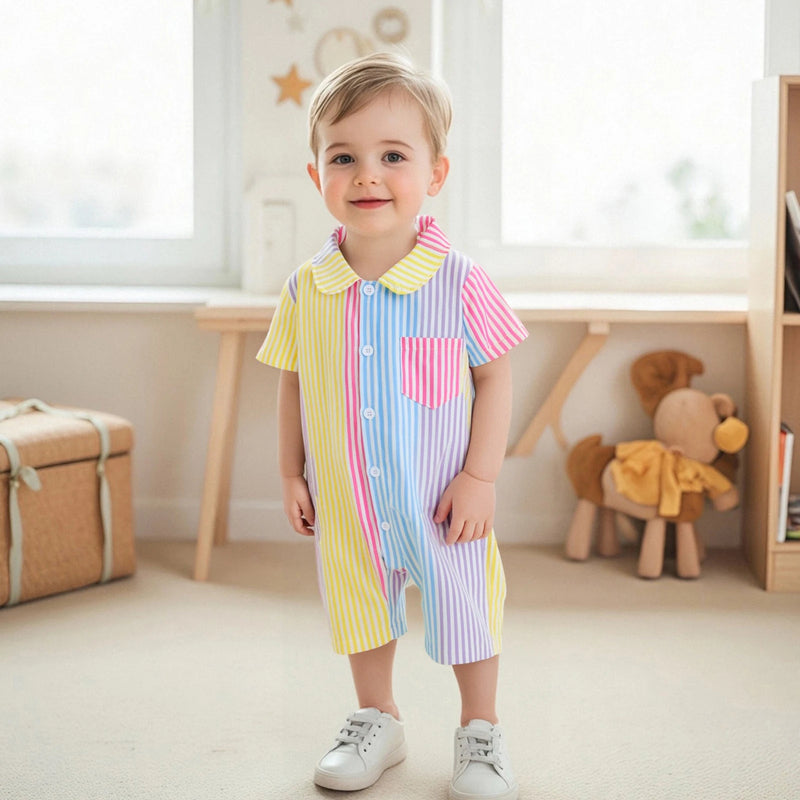 Baby wearing the 'Ryan' Adorable Striped Romper in a colorful stripe design, perfect for summer adventures.