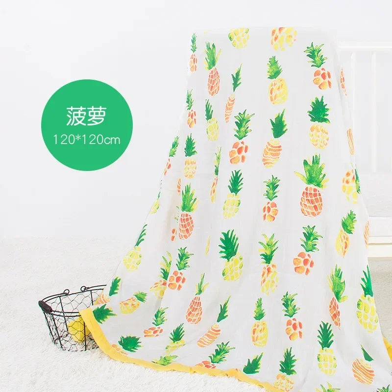 Two-layer bamboo-cotton baby blanket for newborn swaddling with a pineapple pattern; unisex bedding.