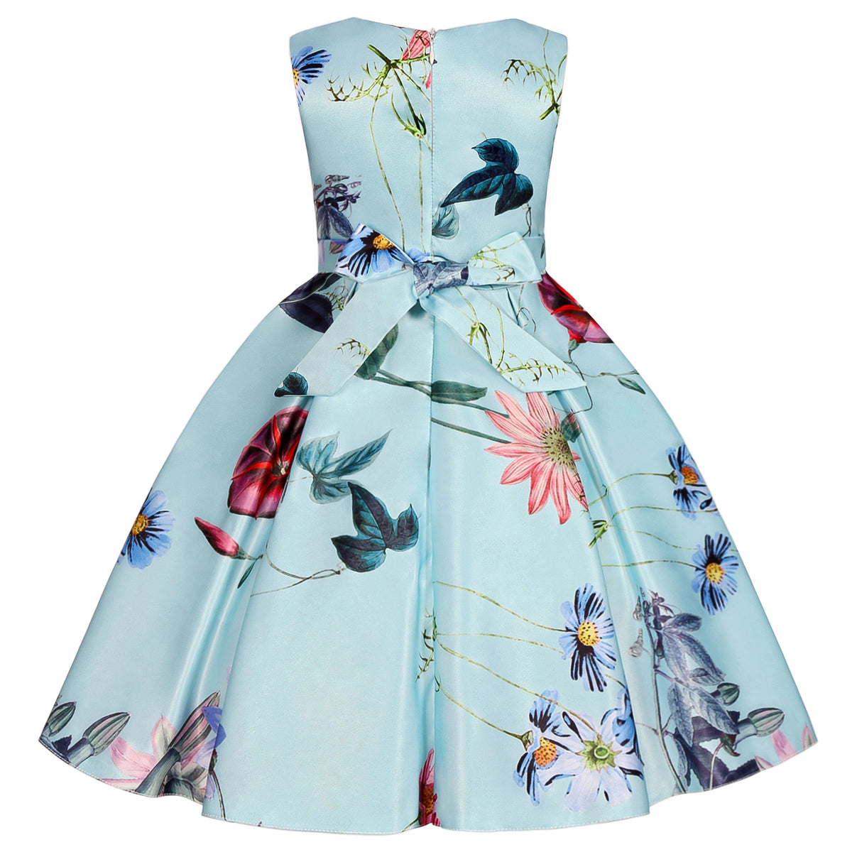 Little girls tropical garden party dress in blue floral print with waist bow and full pleated mid-calf skirt.