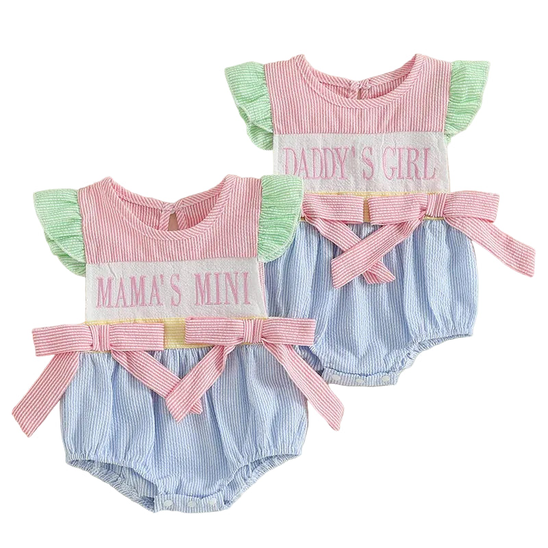 Embroidered Daddy's Girl or Mama's Mini striped seersucker bubble romper with pink bows and green ruffle sleeves.