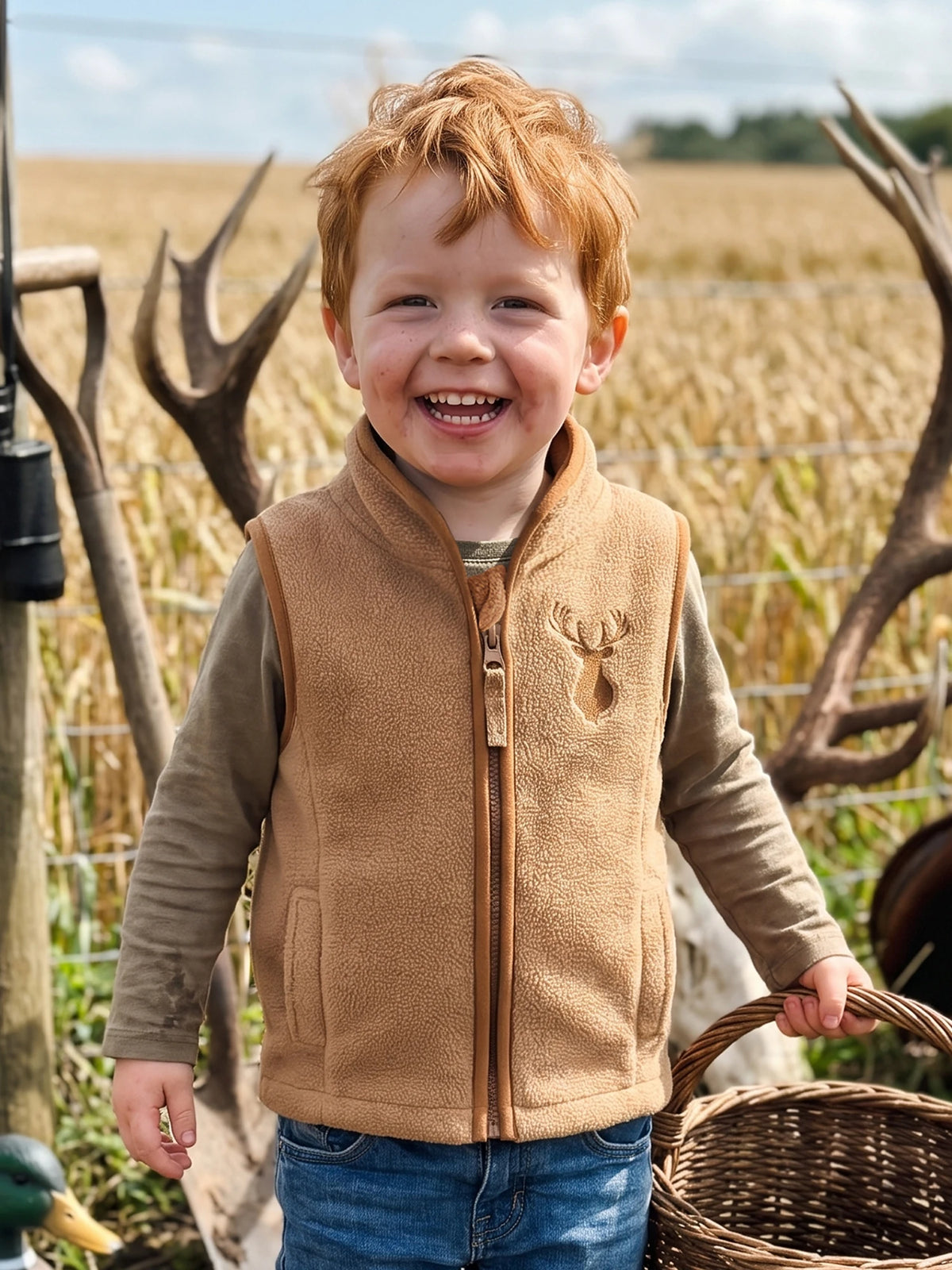 Trevor Khaki Lightweight Zippered Deer Embroidered Boys Vest - Soft and Comfy