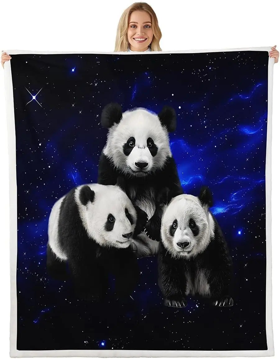 Jungle Rumble double-sided children's blanket with panda trio on a starry blue background.