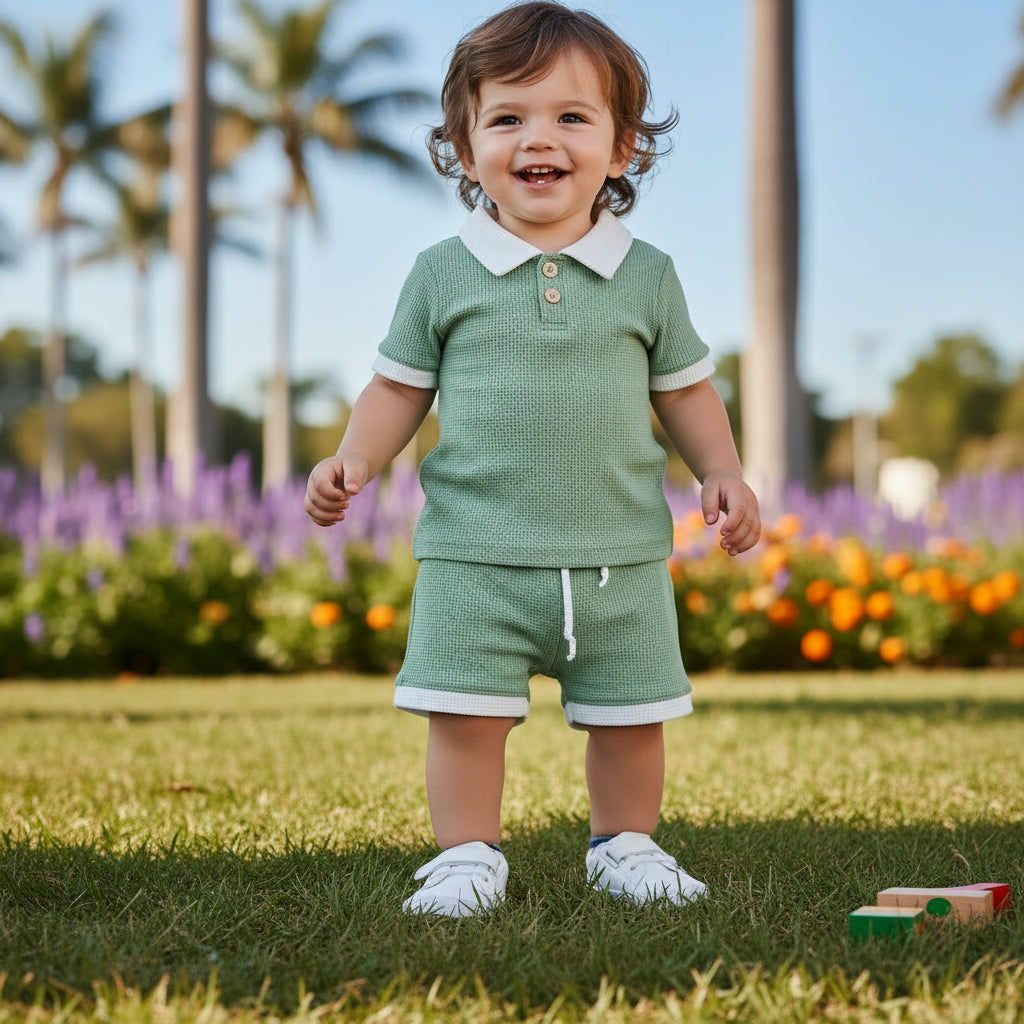 Ocean Breezes Boys Shorts Set - Polo Style Pullover - The Palm Beach Baby Estimated 12 - 18 Day Shipping