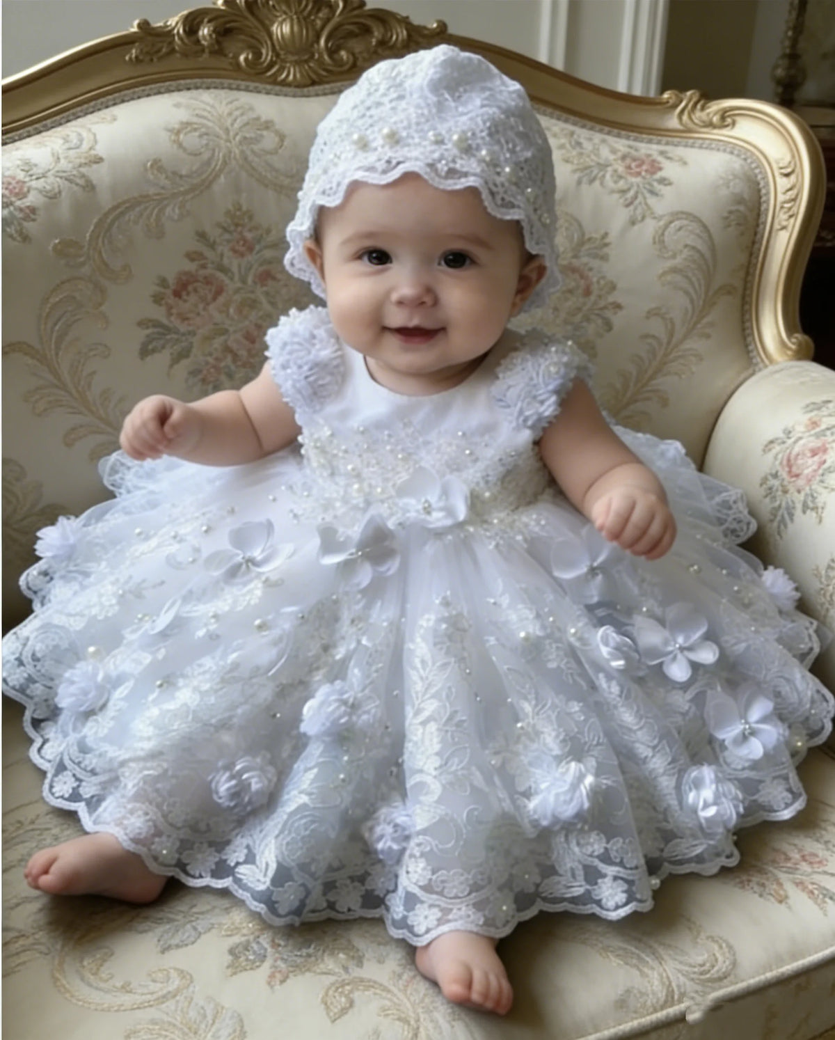 Eden Beaded Lace Appliquéd Special Occasion Long Gown Matching Bonnet