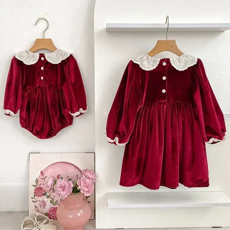 Smocked Sibling Outfits Deep Red Velvet Baby Dresses - The Palm Beach Baby