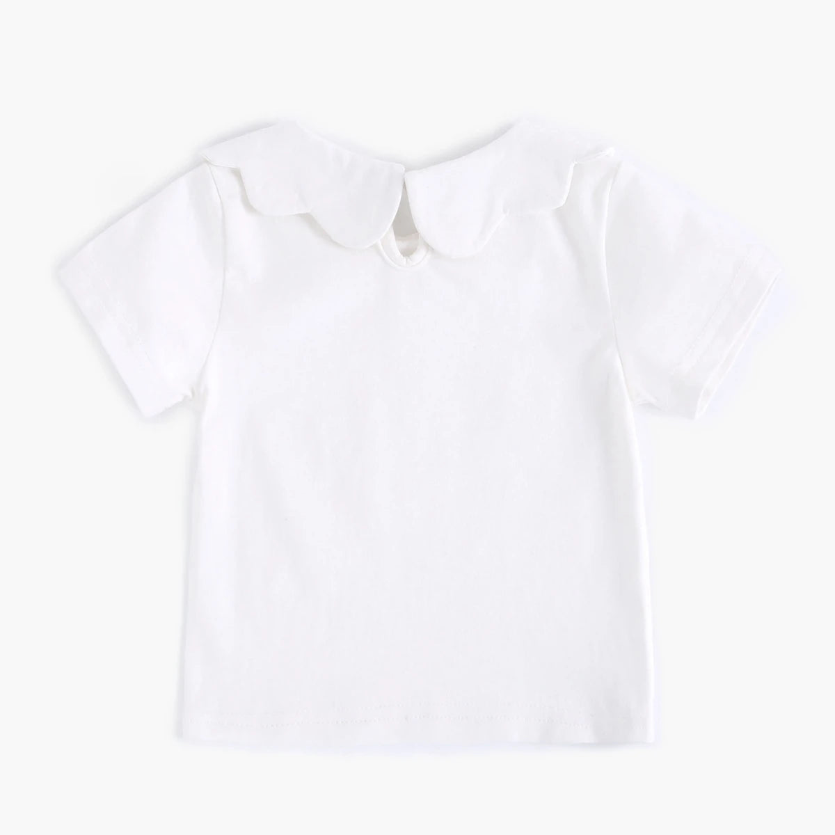 A white short-sleeve baby top with a wide, scalloped Peter Pan collar, shown flat against a light off-white background.