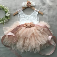Elegant girls’ beaded lace top with blush tulle skirt, floral belt and headband 3-piece set.