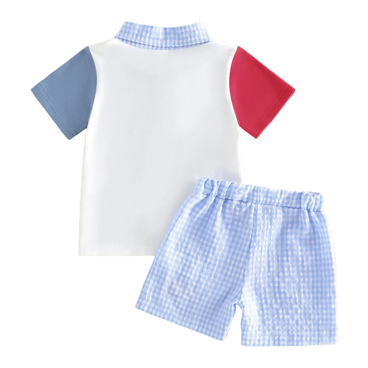 Patriotic boys polo shirt with blue left sleeve, red right sleeve, gingham collar and blue gingham seersucker shorts