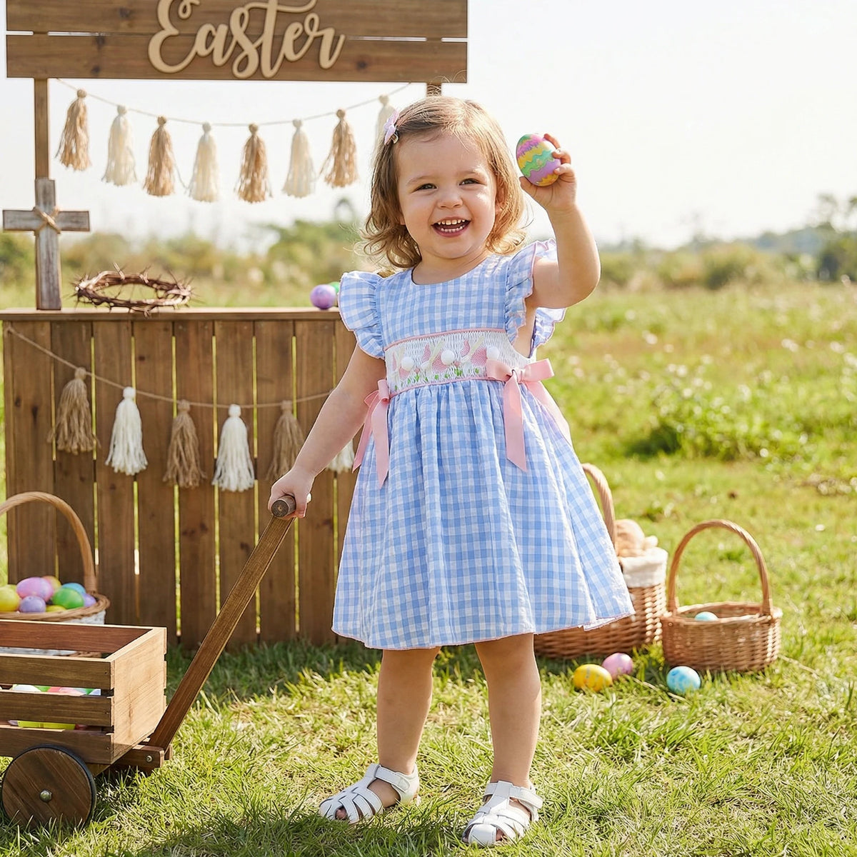 Frilly Bunnies Embroidered Dress in Boca Blue for ages 12m–5y; knee-length cotton-poly with pink ribbons.