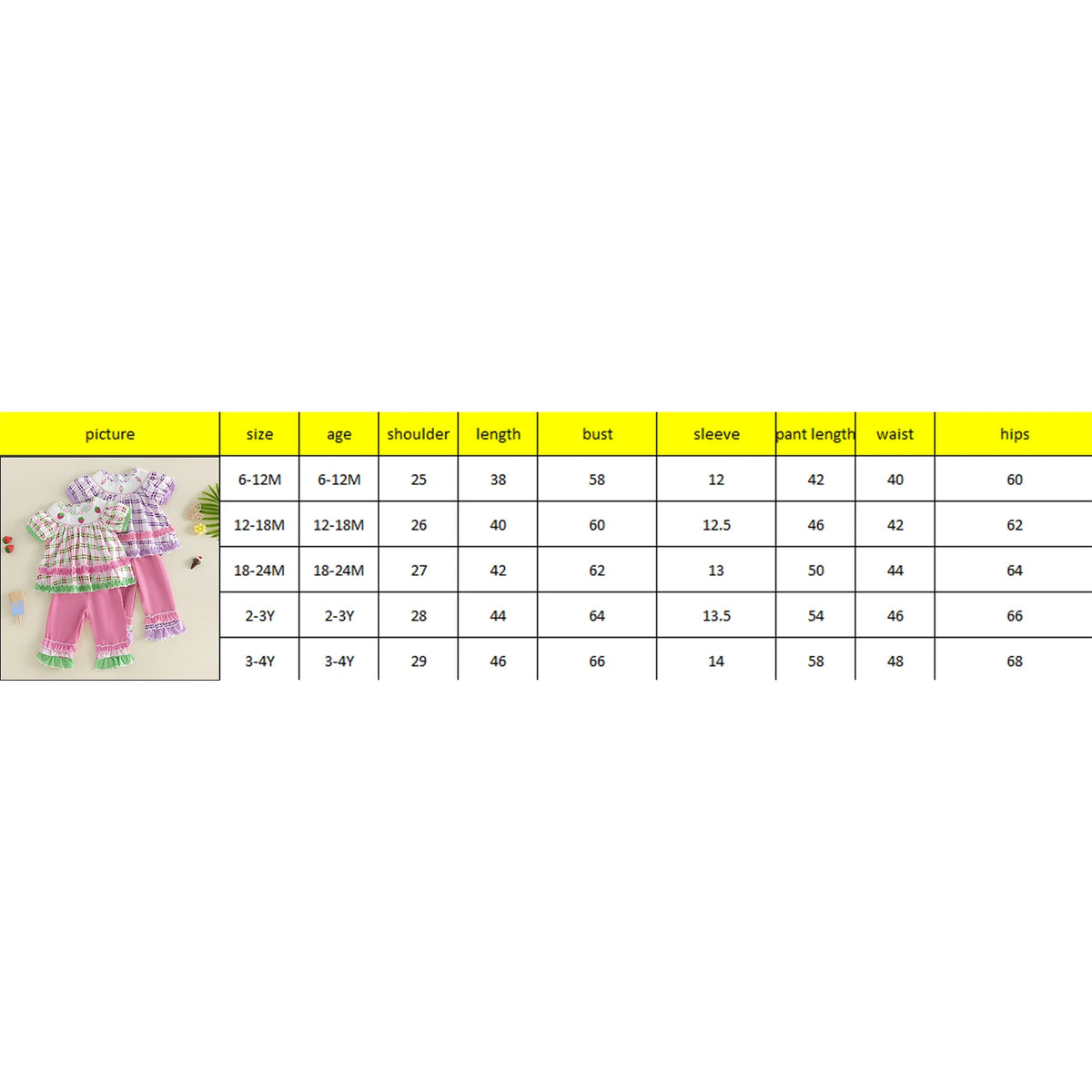 Frilly boho plaid embroidered two-piece girls' set with puff sleeves, pink design, shown beside size chart.