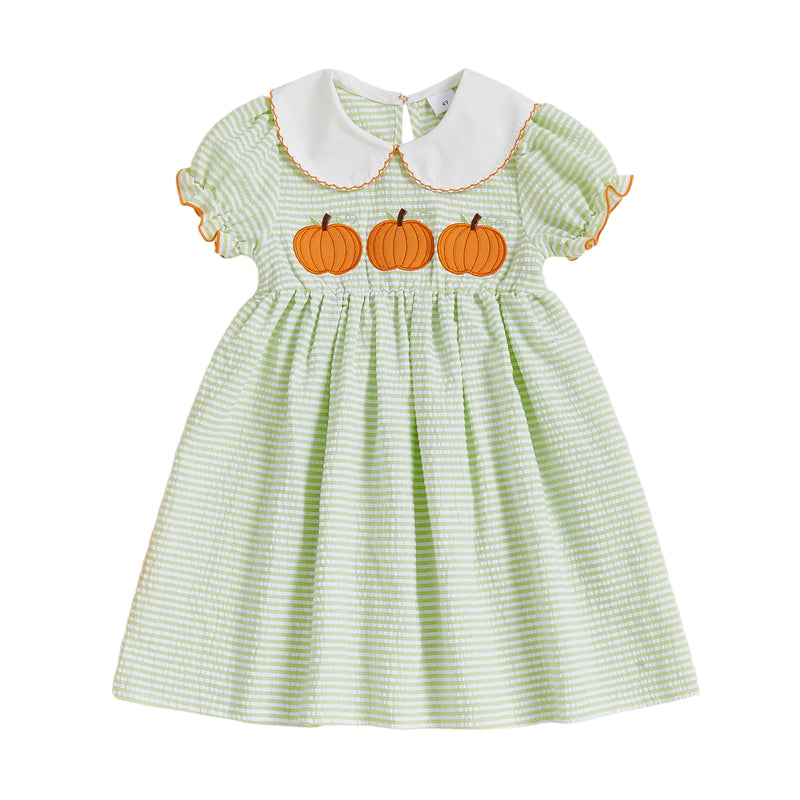 Pumpkins & Puff Sleeves Green Stripe Dress