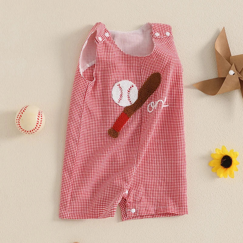 "Baseball Sweetie" Checked Romper