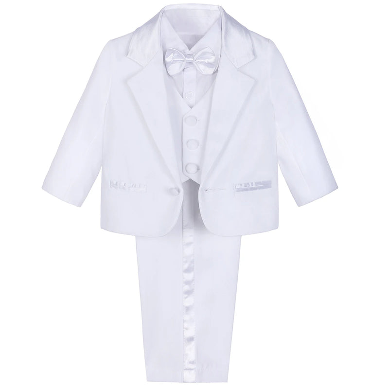 Close-up of white pants from the Hudson Boys' Tuxedo Set, showing the fabric and elastic waist design for comfort.