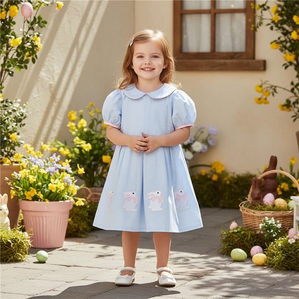 Hoppin' Fun Peter Pan Collared Dress Bunny Appliques In Boca Blue - The Palm Beach Baby Estimated 12 - 20 Day Shipping