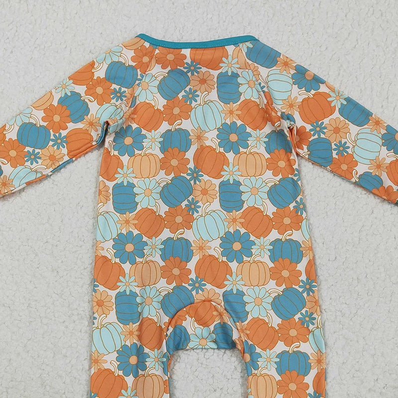 Close-up of the back pattern on the Pumpkins & Flowers Colorful Zippered Romper - Teal, featuring colorful pumpkins and flowers.