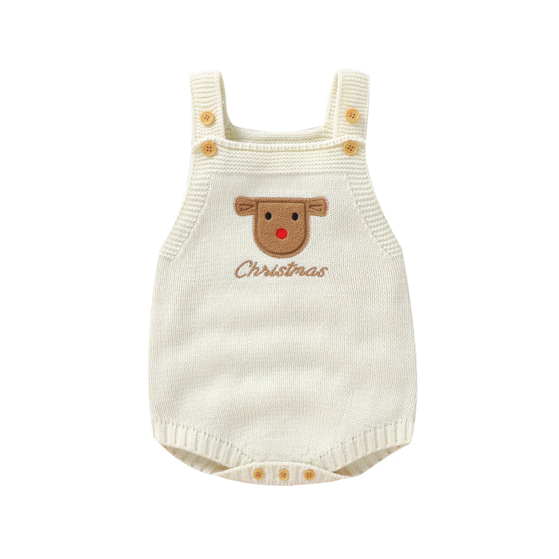 Another view of Happy Holidays Embroidered Knit Baby Bubble Overalls showing an adorable reindeer theme for festive occasions.