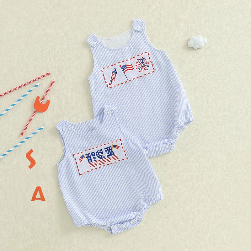 Embroidered 'Parker' Patriotic Baby Romper in red, white, and blue stripes with festive designs, perfect for celebrating freedom. Ideal patriotic baby romper for little ones.