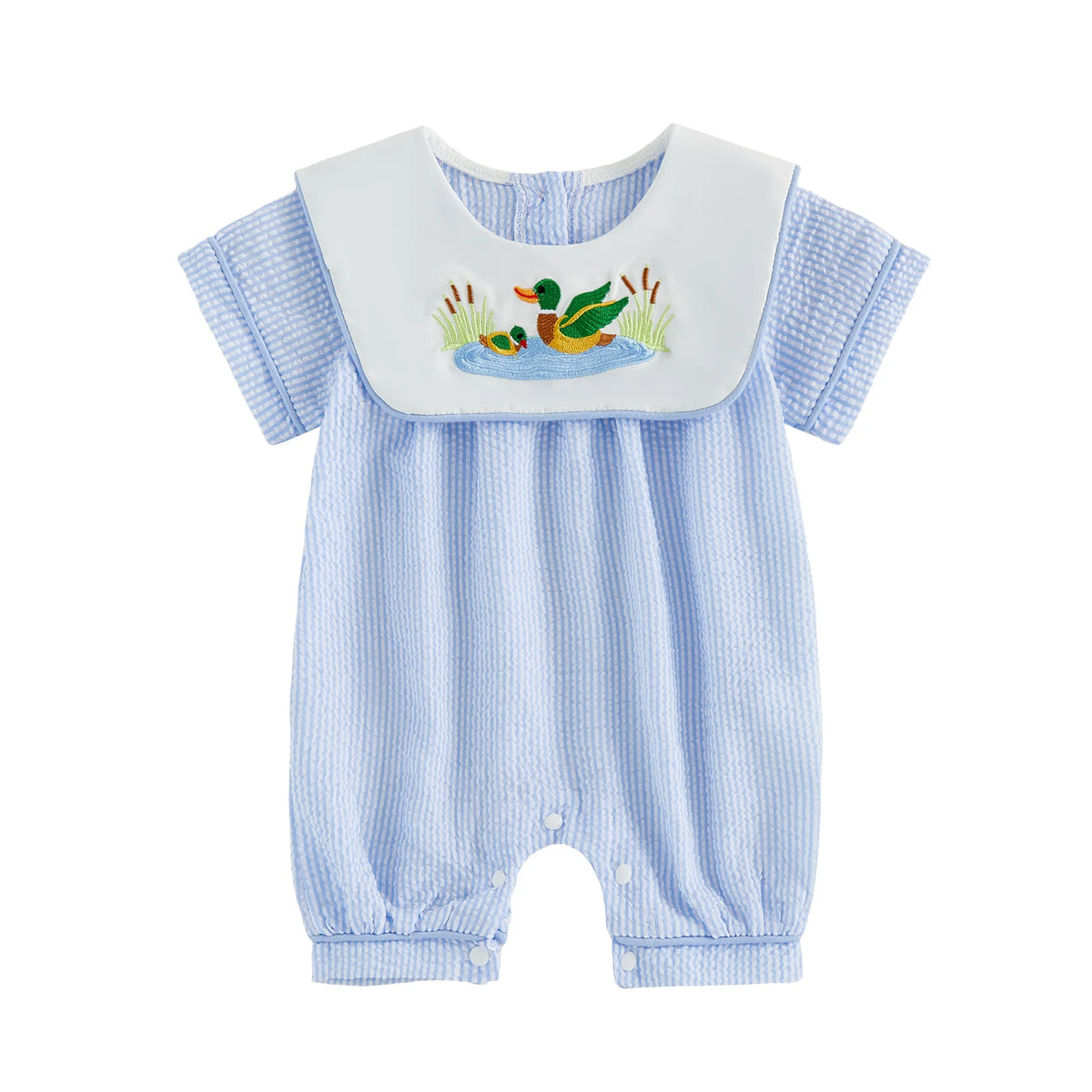 Little Ducky bibbed seersucker romper in blue stripes with white bib and embroidered mallard ducks.