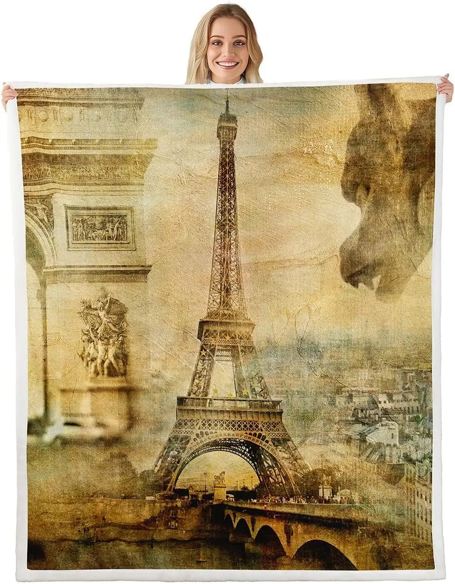 Jungle Rumble double-sided children's blanket with a vintage Paris print featuring the Eiffel Tower.