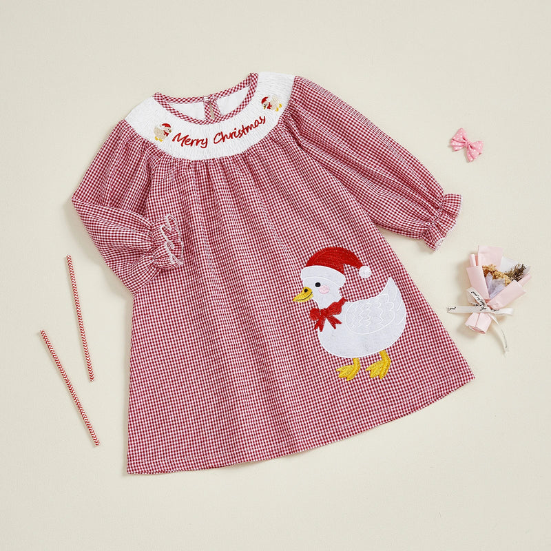 Close-up of the Merry Christmas, Ducky! Checked Smocked Dress highlighting the embroidered Santa Duck and festive design, ideal for little girls during the Christmas season.