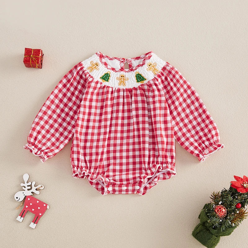 Holiday Cuteness Smocked Baby Bubbles featuring a red gingham design with gingerbread men and Christmas trees, perfect for festive occasions.
