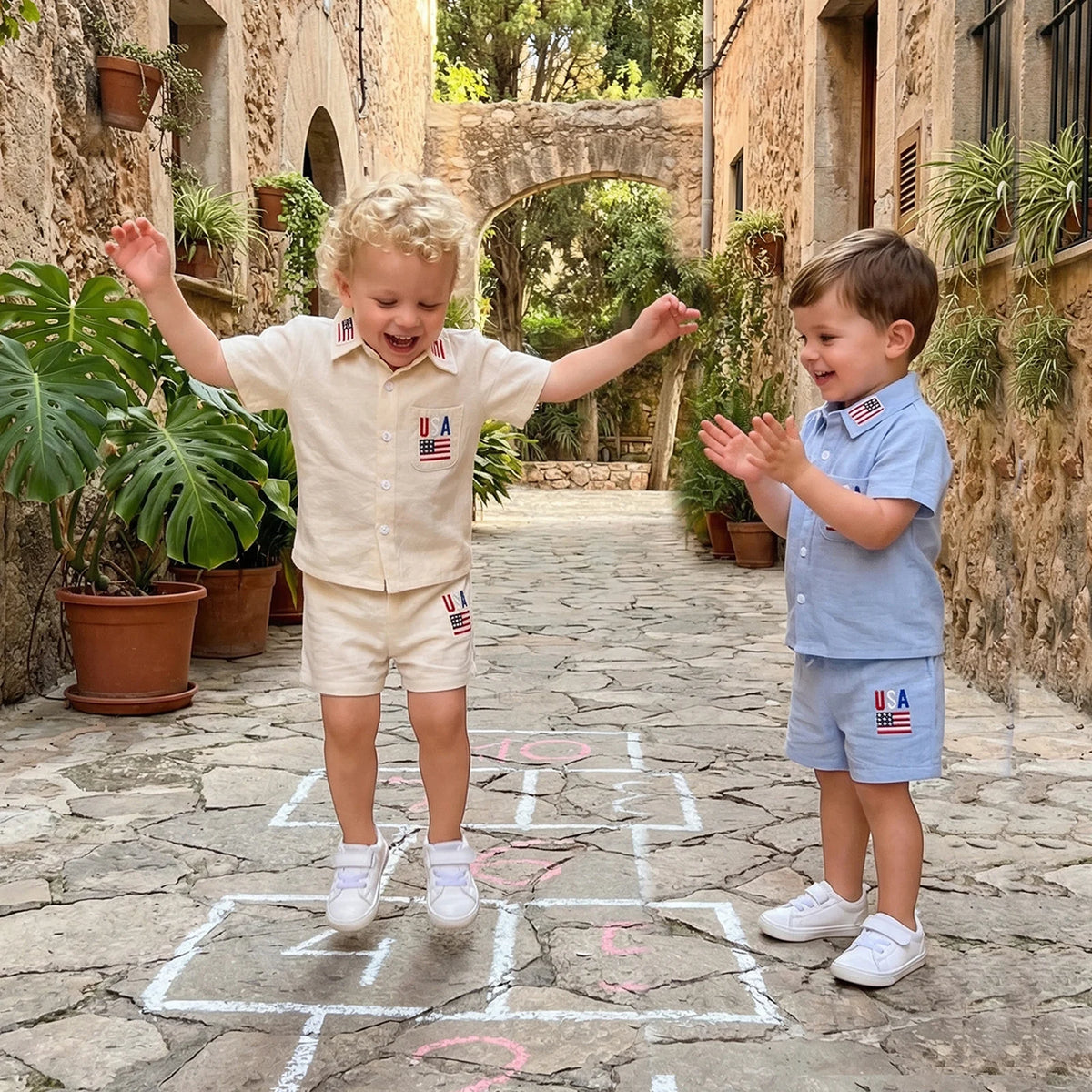 Patriotic Cutie Short Sleeve Shirt & Elastic Waistband Boys Shorts Set - The Palm Beach Baby Estimated 10 - 18 Day Delivery