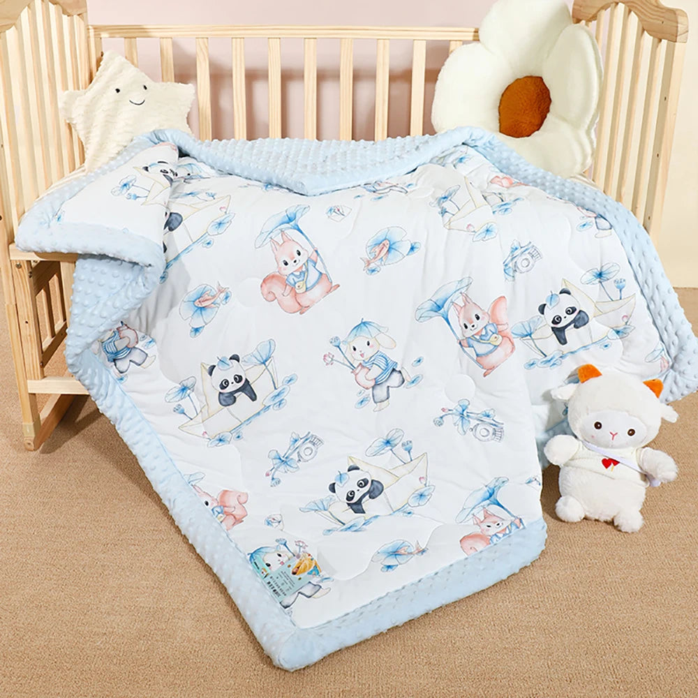 Quilted 120x150 cm kindergarten napping blanket with raised dots; reversible blue animal print (panda, whale, bear)