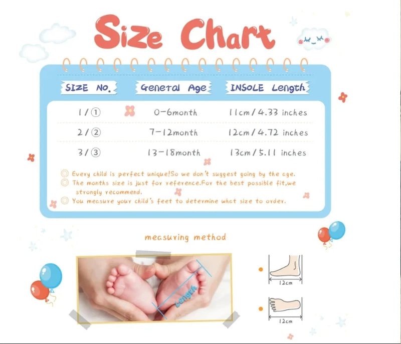Size chart for Serena Bow First Walker Shoes, helping parents choose the right size for infants.