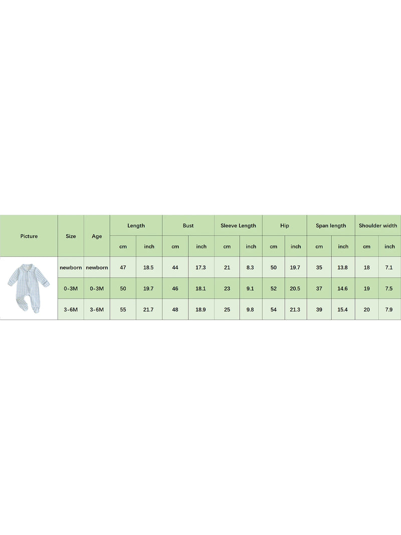 Sizing chart for the 'Baily' Checked Footie, detailing dimensions for newborn to 6 months.