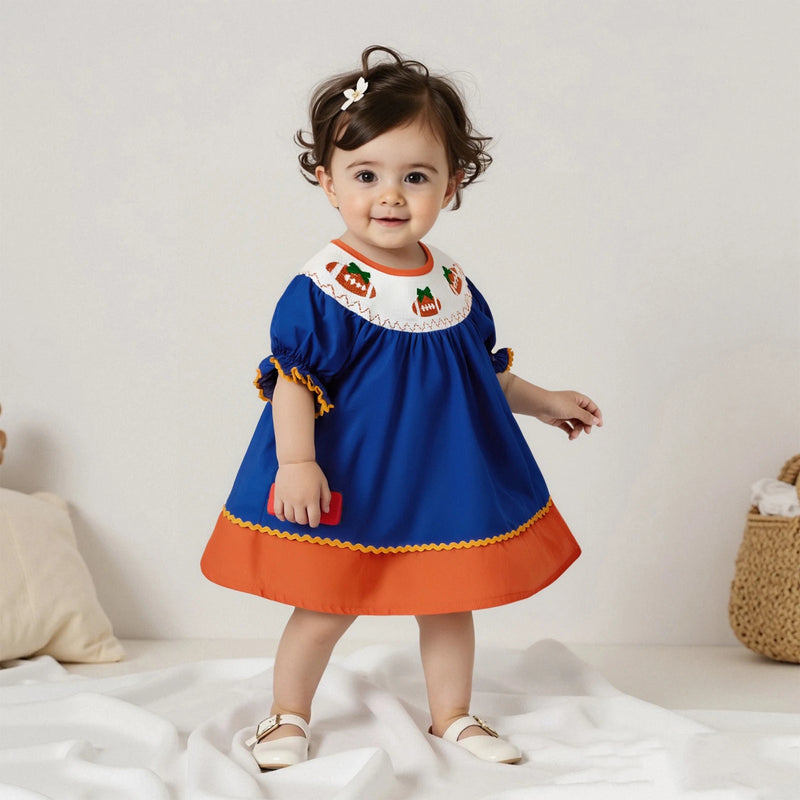 Football Mania Smocked Embroidered Dress - 3  Colors
