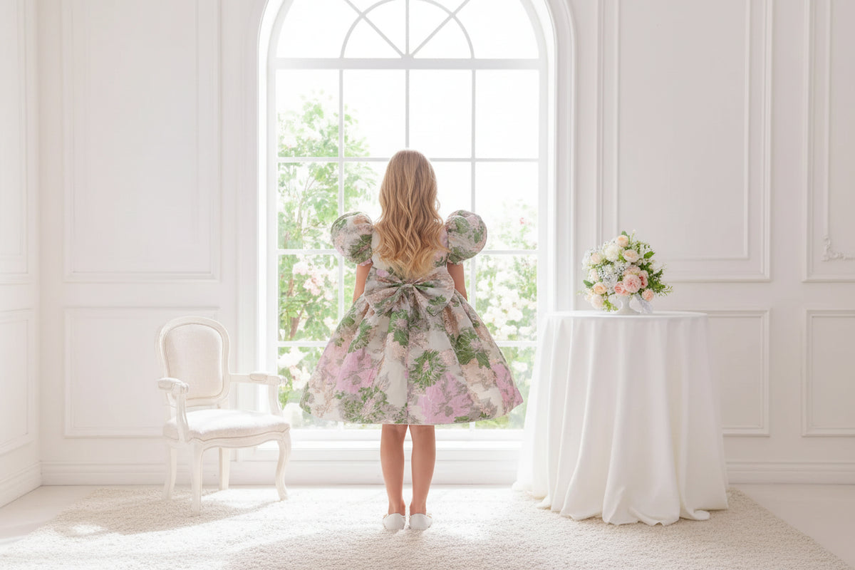 Jacquard Pamela dress in two floral designs: pink and green, puff sleeves, back bow, knee-length for 3 to 8 years.
