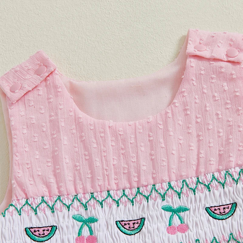 Close-up of the 'Summer Cutie' Baby Summer Romper's embroidered section, featuring colorful designs that enhance its summer appeal.