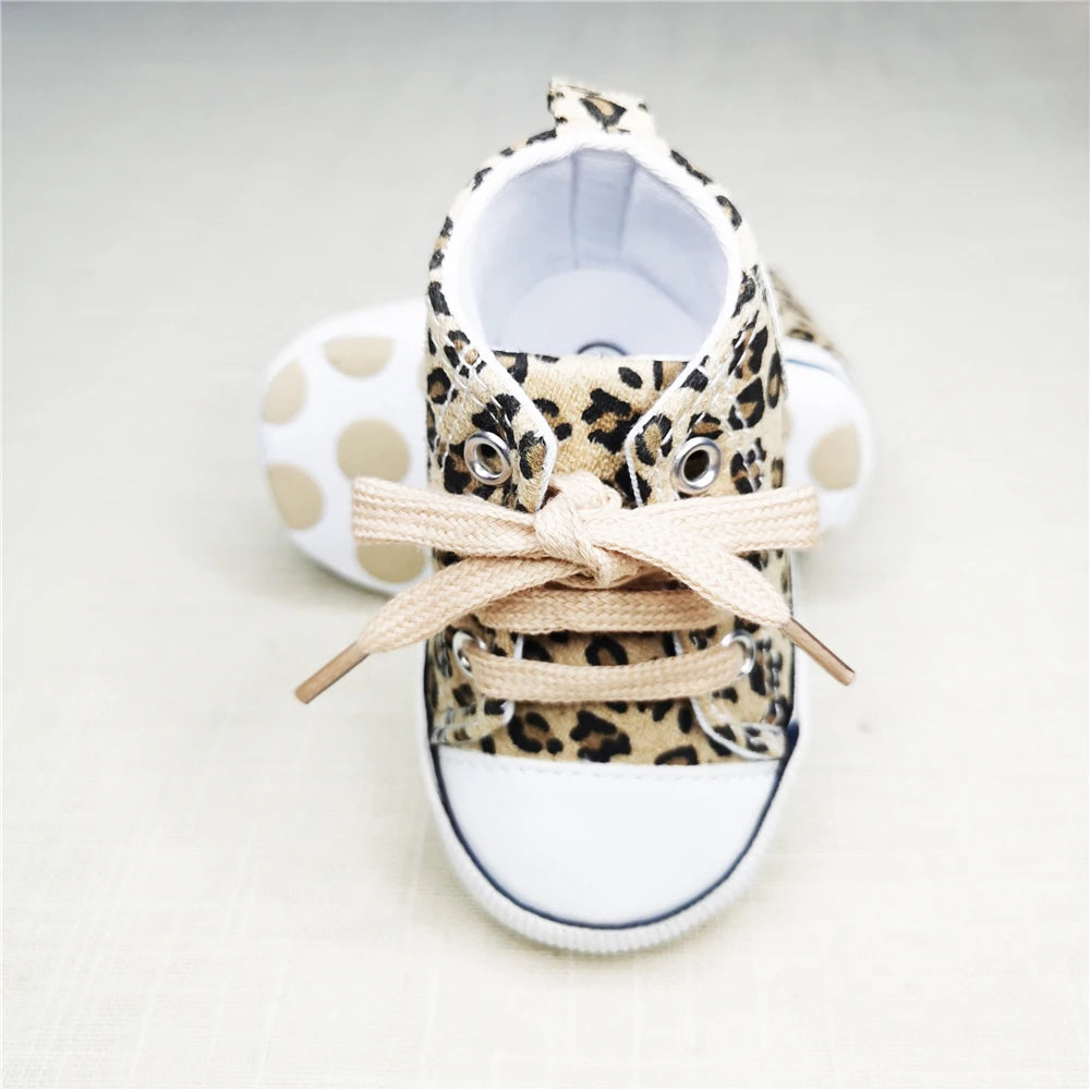 Baby's Canvas Lace-up First Walkers - Loving Leopard showcasing adorable leopard print design for stylish baby footwear.