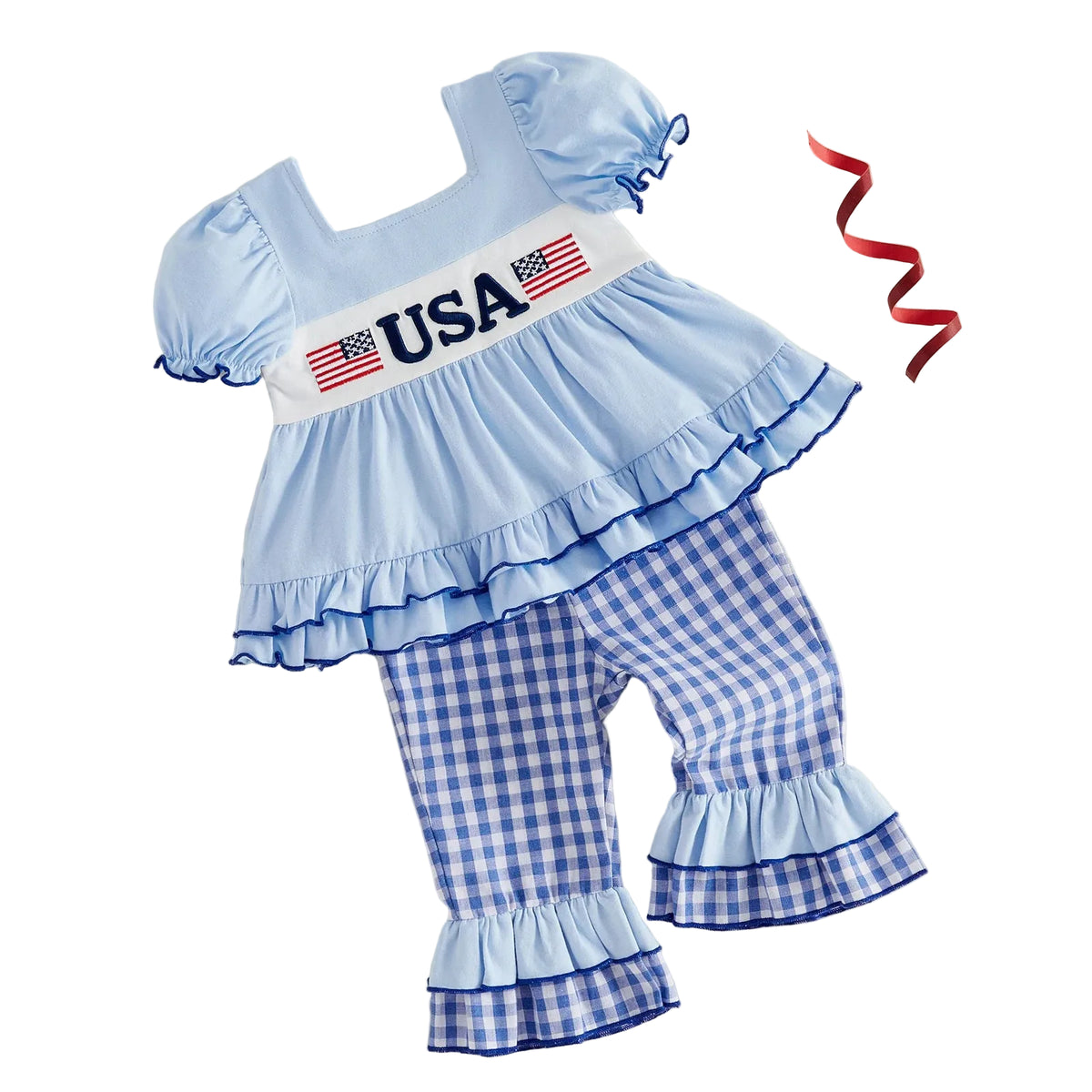 Children's outfit with blue top and checkered pants featuring 'USA' text on a beige background.
