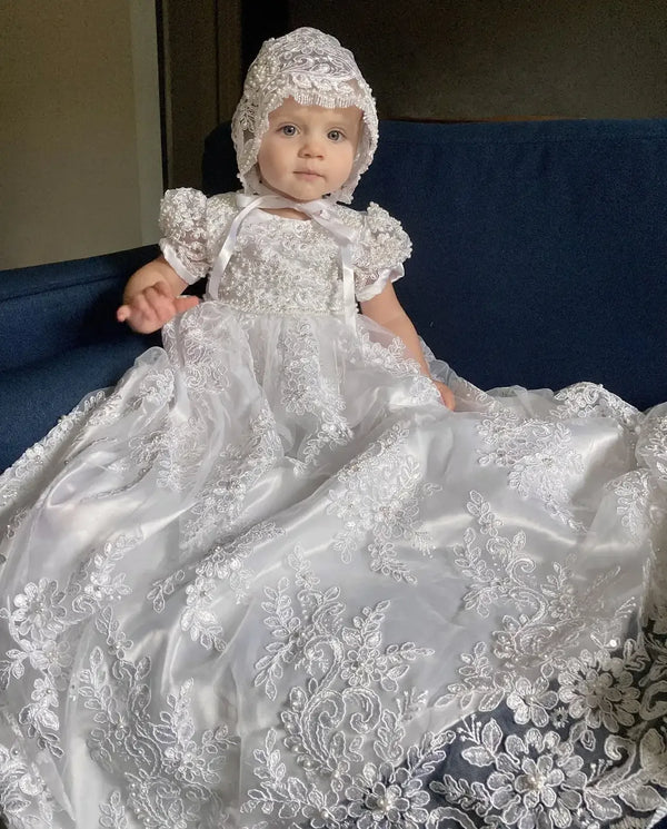 Ava Lace Christening Gown - Elegant Heirloom Design with Appliques & Puff Sleeves - 2 Colors - The Palm Beach Baby