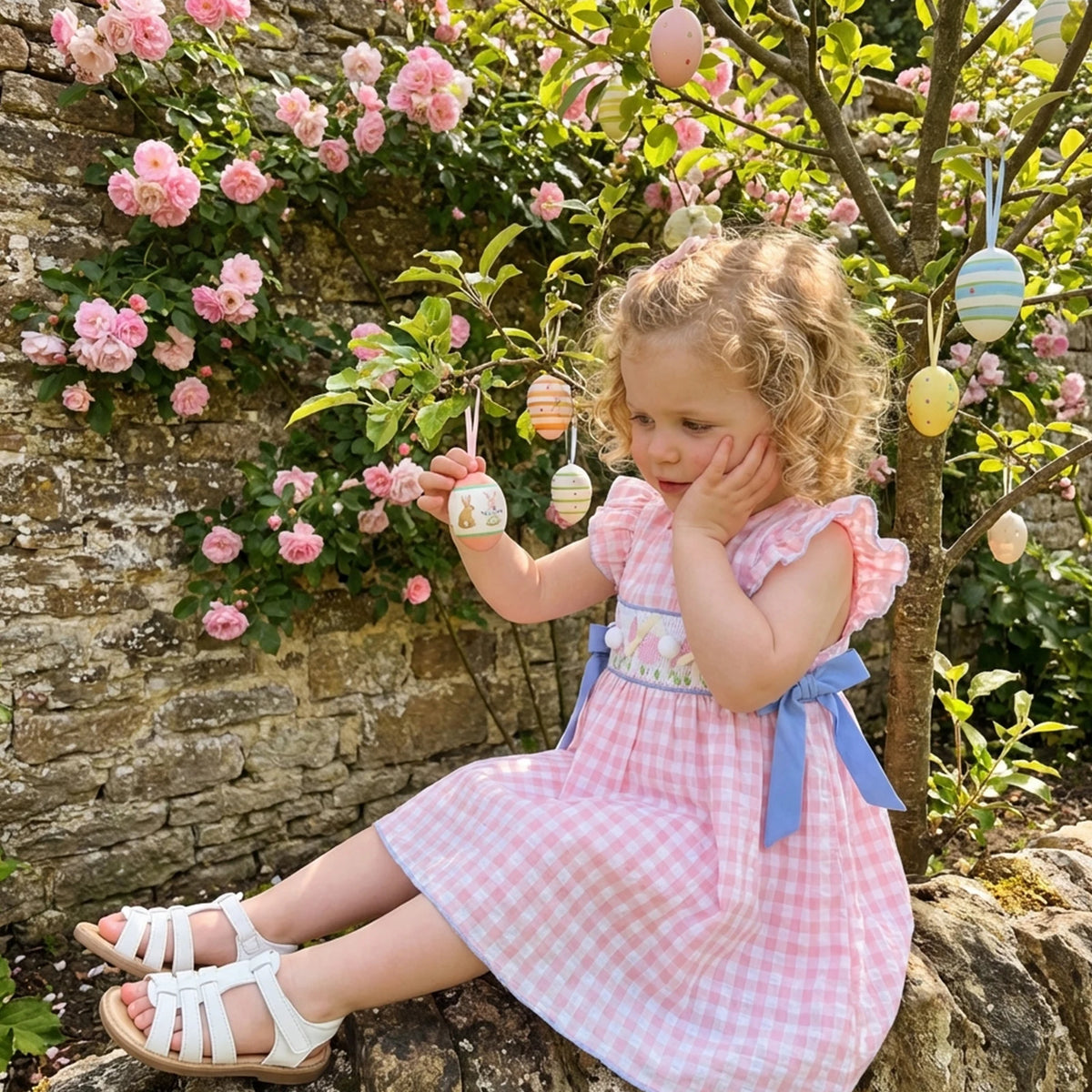 Little girl in Palm Beach Pink Frilly Bunnies Embroidered Dress with blue sash, among pink roses and Easter eggs.
