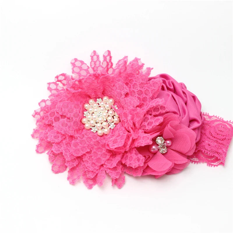 Elegant Chiffon Beaded Baby Hair Accessories showcasing a pretty pink headband with lace and pearl details, perfect for any occasion.