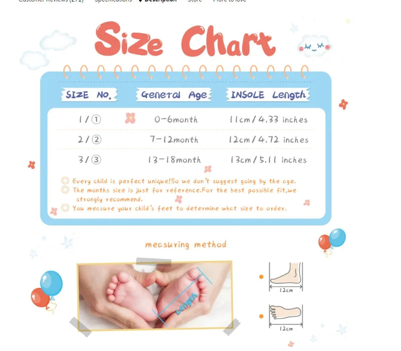 Size chart for Baby Jane Satin Bow Baby Shoes, offering guidance on the best fit for infants.
