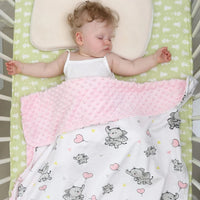 Ellie Elephant Pink Lightweight Silky Milky Blanket 30x40: pink polka-dot fleece side, elephant print.