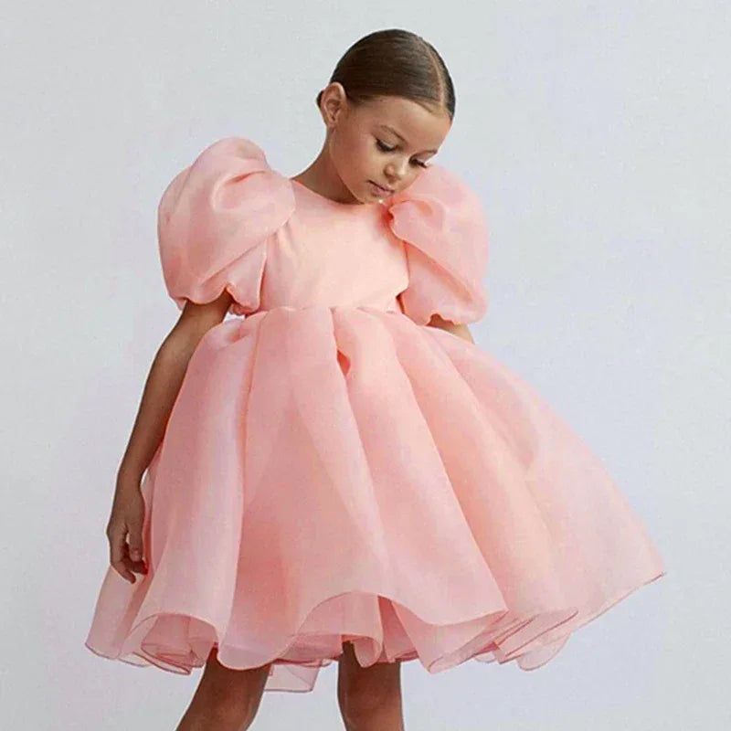 Celeste Elegant Dress for Girls - Puff Sleeves, Ruched Skirt, Wrinkle-Resistant Fabric - The Palm Beach Baby