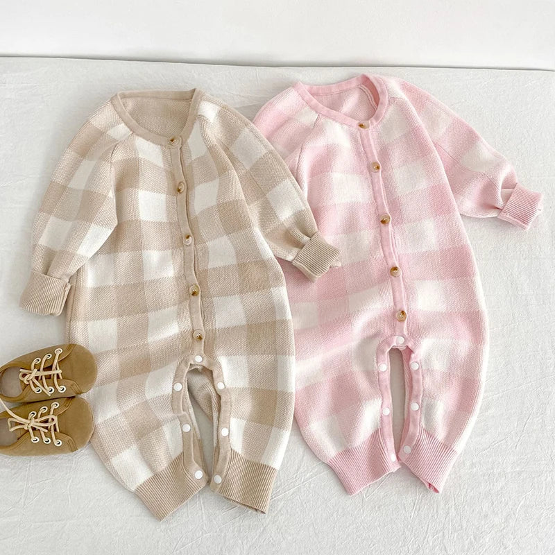Cozy Fall Plaid Knit Baby Rompers - 2 Delightful Colors