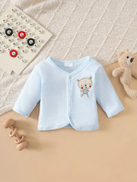 Light blue baby cardigan with bear applique, part of an 8-piece 100% cotton layette set.