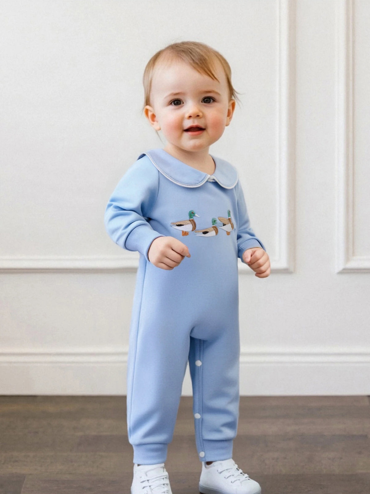 Little Ducks Preppy Boca Blue Romper for Babies - Long Sleeved with Peter Pan Collar