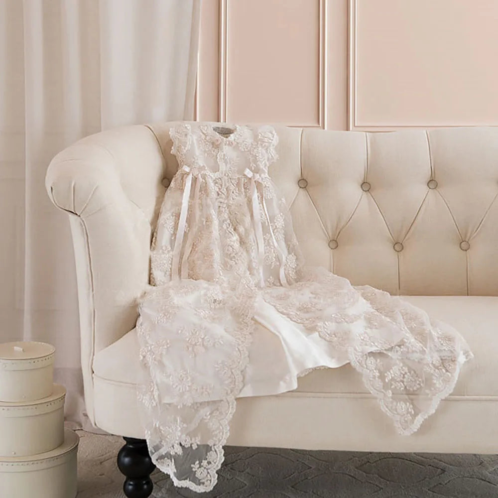 Alyssa Vintage Lace Baptism Gown & Bonnet for Baby Girls