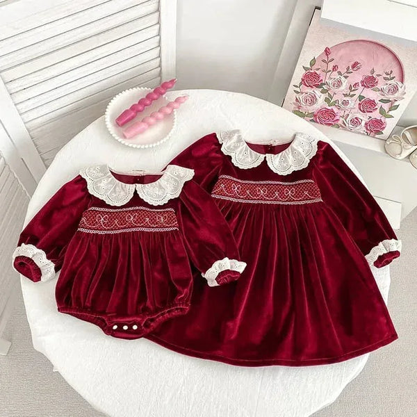 Smocked Sibling Outfits Deep Red Velvet Baby Dresses - The Palm Beach Baby