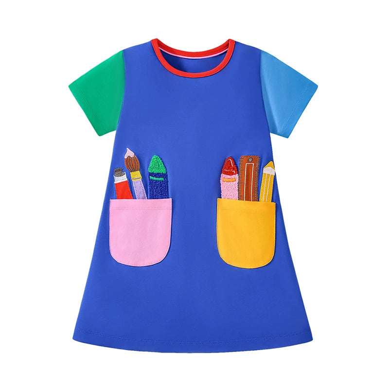 'School Daze' Casual Dress in vibrant blue featuring colorful school-themed appliqués and a knee-length A-line silhouette perfect for girls aged 2 to 7.
