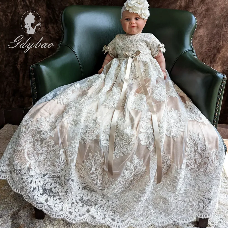 "Magdeline-Marie" Heirloom Satin Lace Baptism Gown