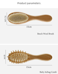 Personalized beech wood wool brush and wooden baby comb set for infants and toddlers.