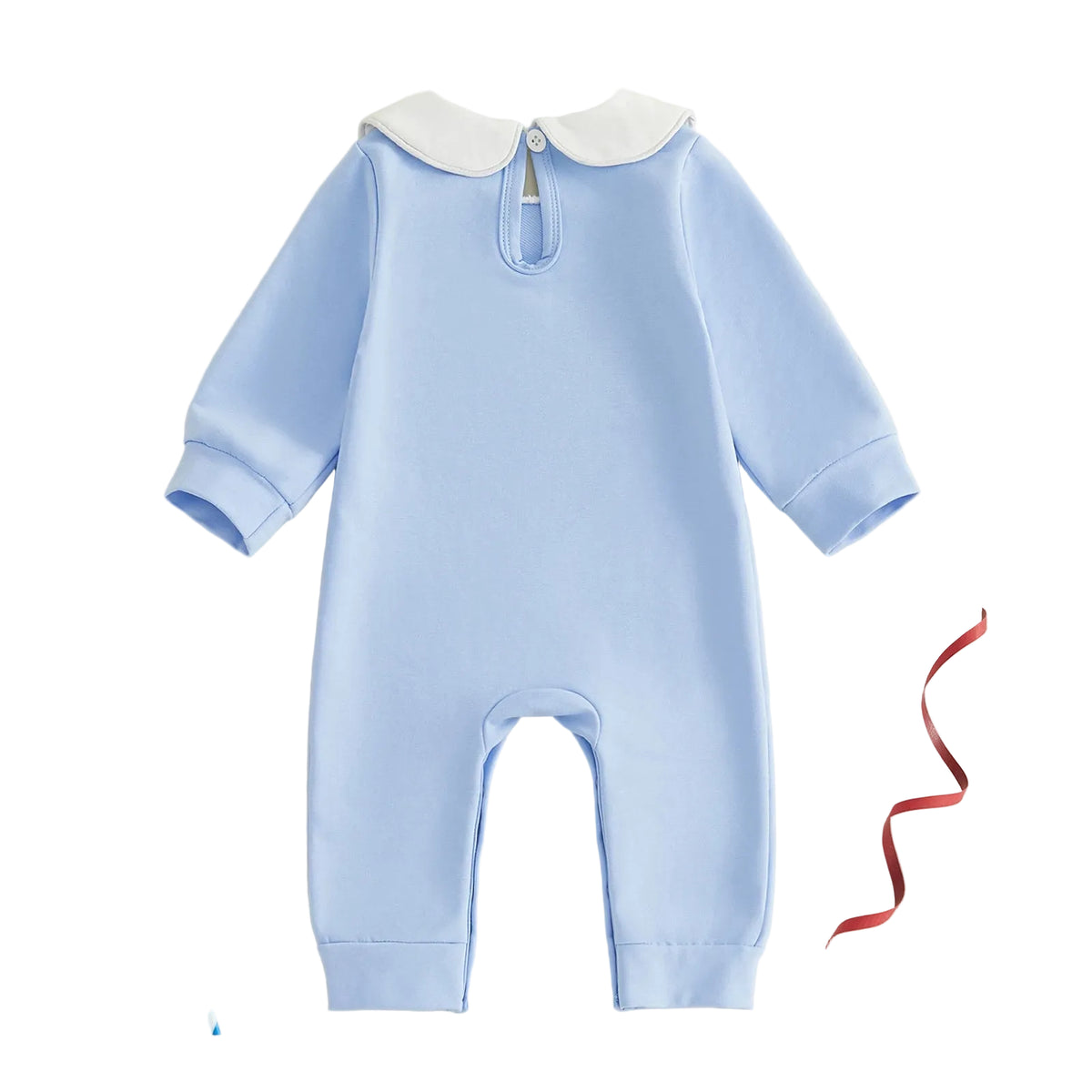 Light blue baby onesie with a white collar on a beige background