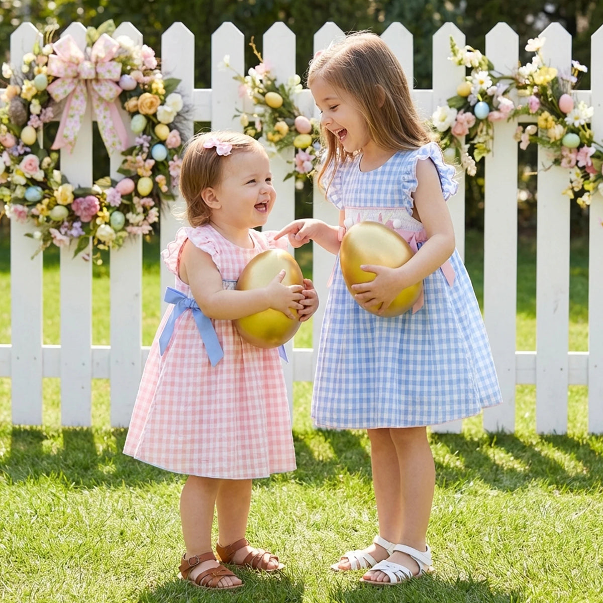 Two girls wear Frilly Bunnies Embroidered Dresses in Palm Beach Pink and Boca Blue, holding golden eggs.